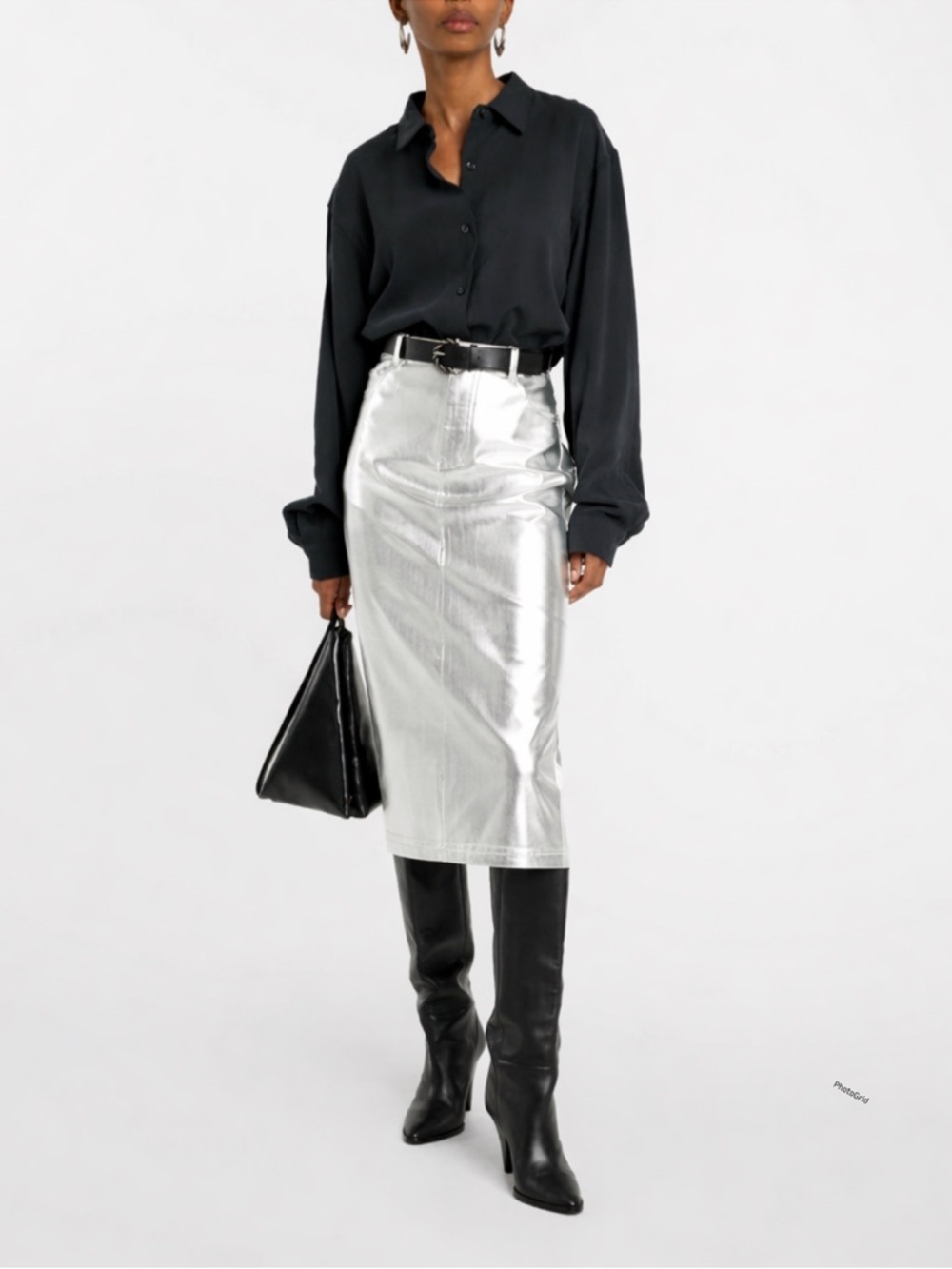 7 For All Mankind Silver Metallic Faux Leather Midi Skirt Size Large